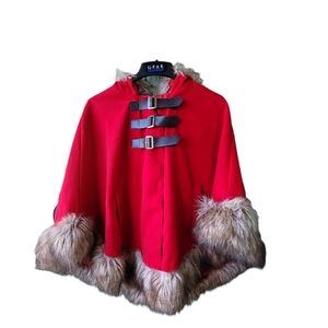 Red Fur lined poncho with hood